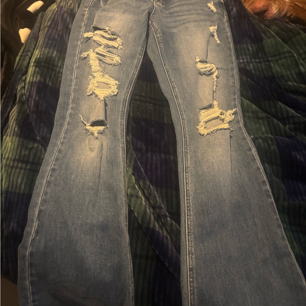 Chic Distressed Light Blue Flare Jeans - Picture 2 of 3
